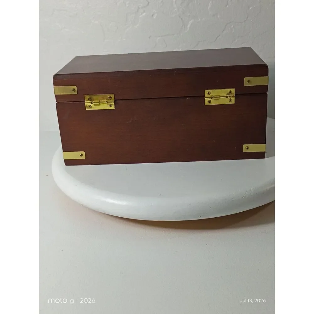 Vintage Wood Jewelry Chest Removable Tray Red Velvet Lining Brass Hardware